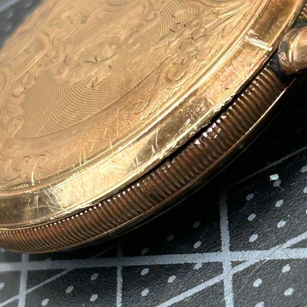 Antique Waltham Pocket Watch Gold Tone Engraved Case Sub Dial 45mm 14k Gold Fill
